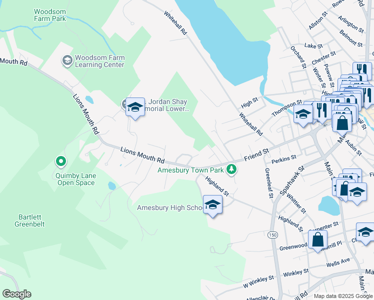 map of restaurants, bars, coffee shops, grocery stores, and more near 16 Lindberg Avenue in Amesbury