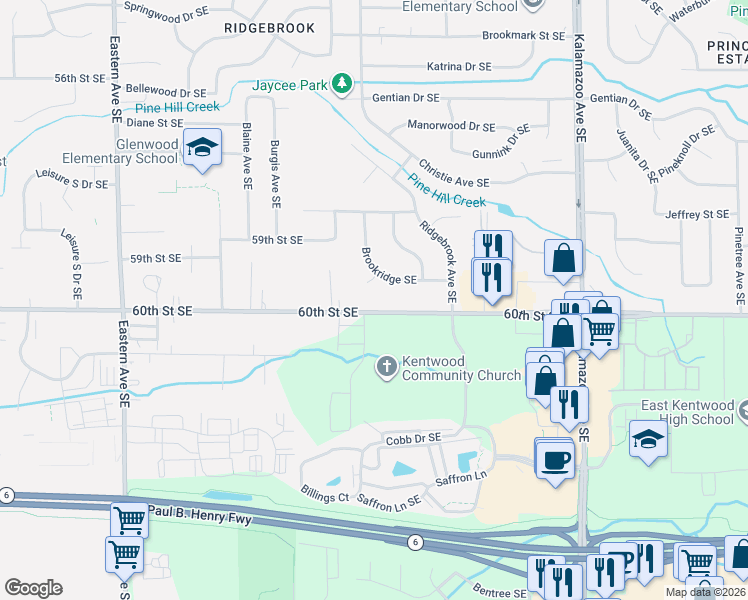 map of restaurants, bars, coffee shops, grocery stores, and more near 1255 60th Street Southeast in Kentwood