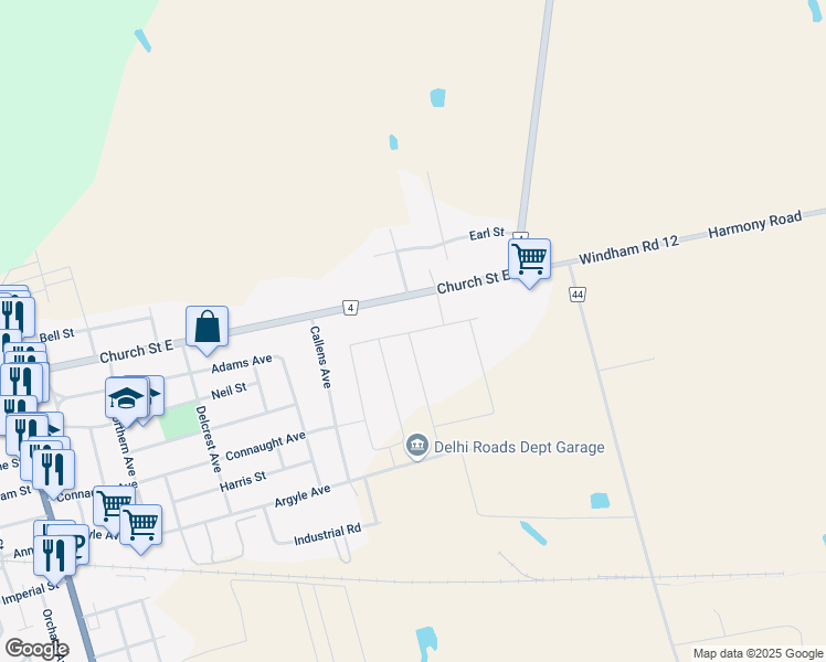 map of restaurants, bars, coffee shops, grocery stores, and more near 319 Courtland Street in Delhi