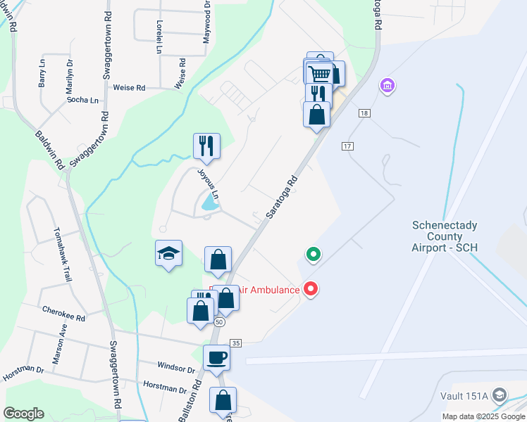 map of restaurants, bars, coffee shops, grocery stores, and more near 73 Saratoga Road in Schenectady