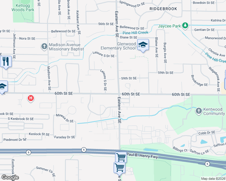 map of restaurants, bars, coffee shops, grocery stores, and more near 5654 Leisure South Drive Southeast in Kentwood