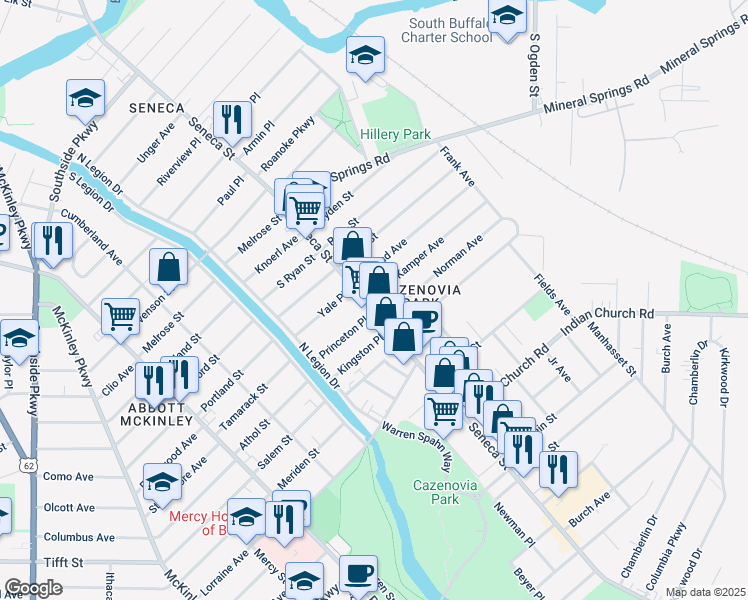 map of restaurants, bars, coffee shops, grocery stores, and more near 2096 Seneca Street in Buffalo