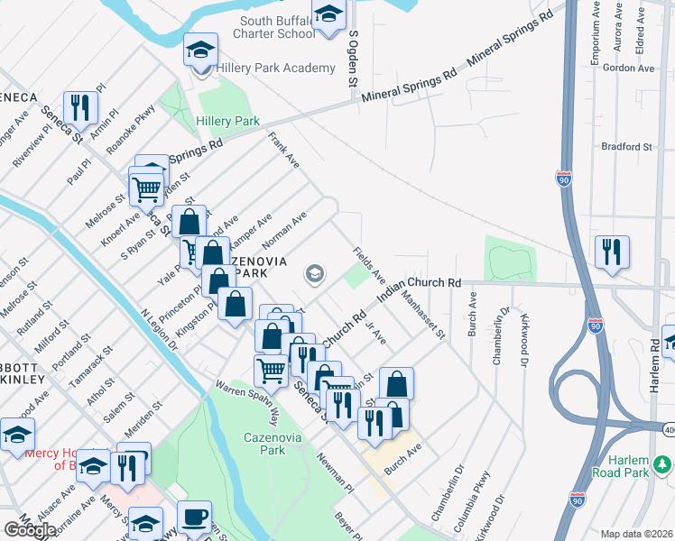 map of restaurants, bars, coffee shops, grocery stores, and more near 128 Buffum Street in Buffalo
