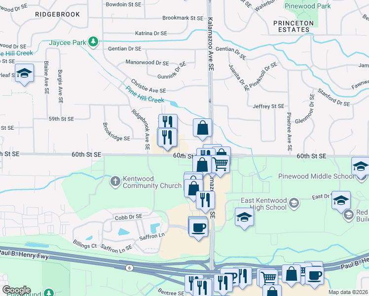 map of restaurants, bars, coffee shops, grocery stores, and more near 1501 60th Street Southeast in Wyoming