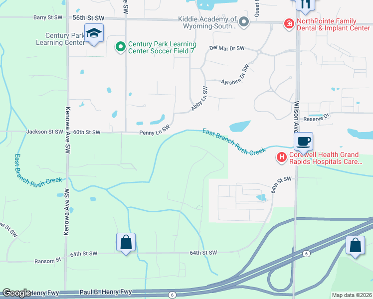 map of restaurants, bars, coffee shops, grocery stores, and more near 6070 Kuiper Drive in Grandville