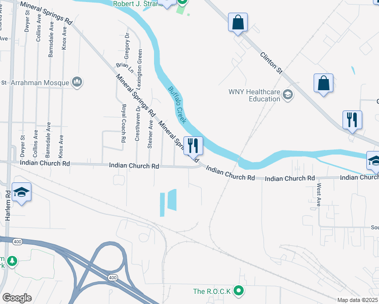 map of restaurants, bars, coffee shops, grocery stores, and more near 1280 Mineral Springs Road in Buffalo
