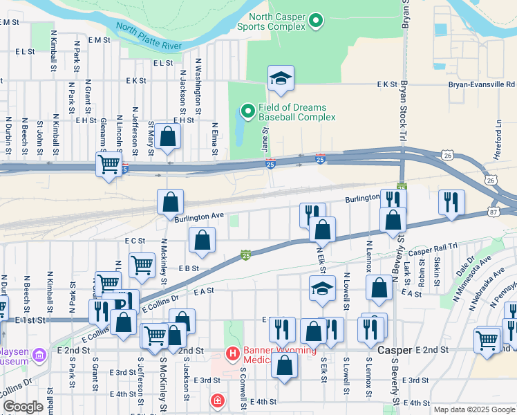 map of restaurants, bars, coffee shops, grocery stores, and more near 1410 Burlington Avenue in Casper
