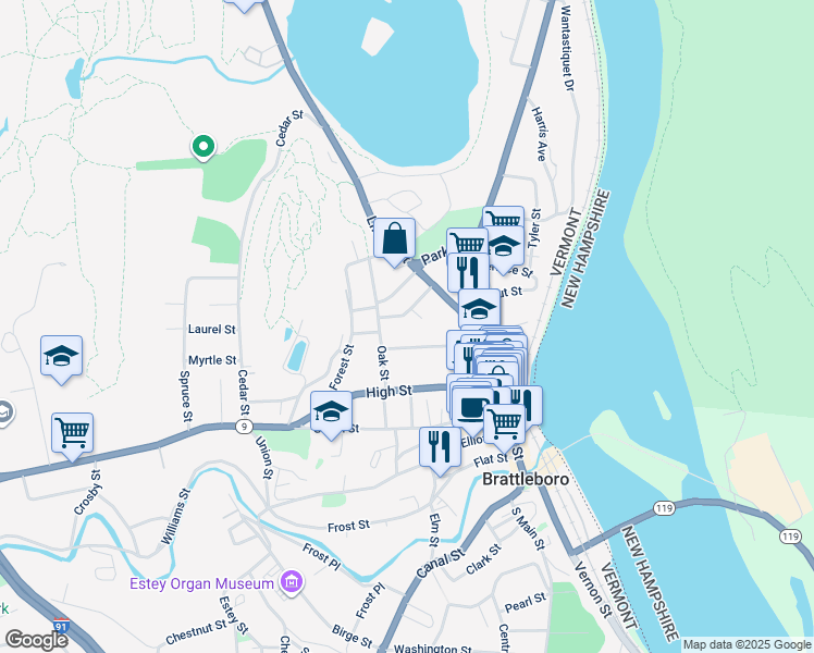 map of restaurants, bars, coffee shops, grocery stores, and more near 61 Oak Street in Brattleboro