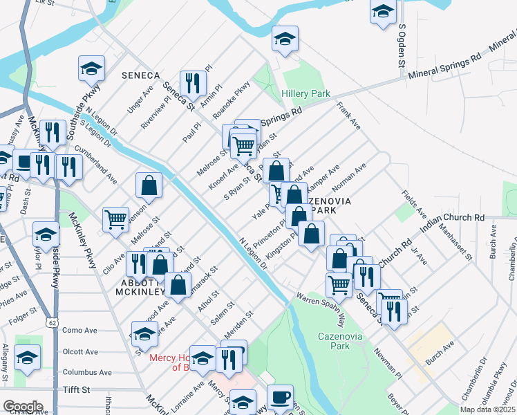 map of restaurants, bars, coffee shops, grocery stores, and more near 26 Yale Place in Buffalo