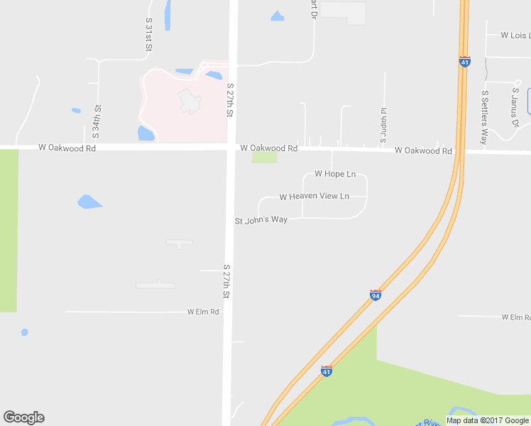 map of restaurants, bars, coffee shops, grocery stores, and more near 2550 Saint John's Way in Oak Creek