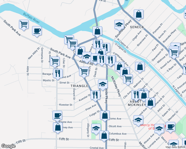 map of restaurants, bars, coffee shops, grocery stores, and more near 21 Alamo Place in Buffalo