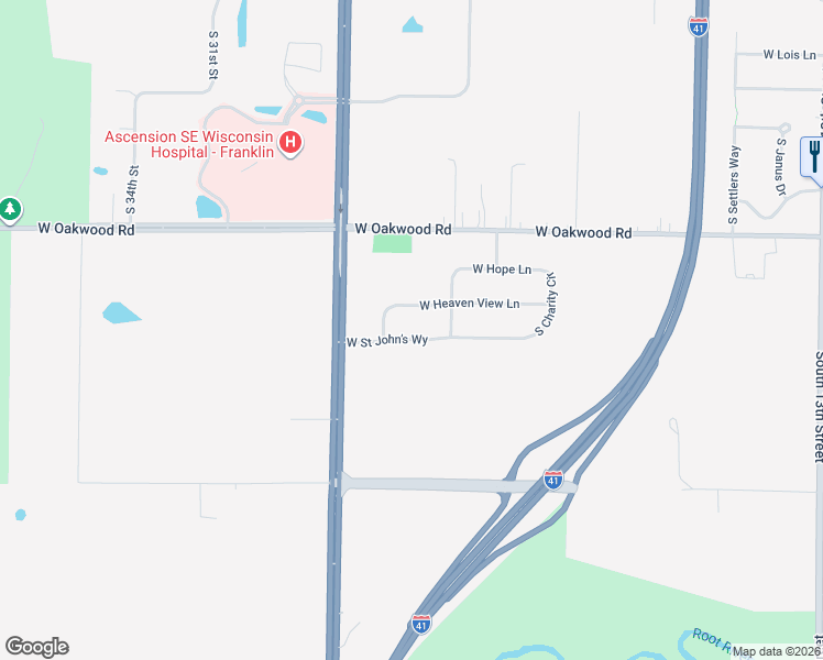 map of restaurants, bars, coffee shops, grocery stores, and more near 2550 Saint John's Way in Oak Creek