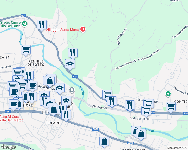 map of restaurants, bars, coffee shops, grocery stores, and more near Via di Folignan0 in Ascoli Piceno
