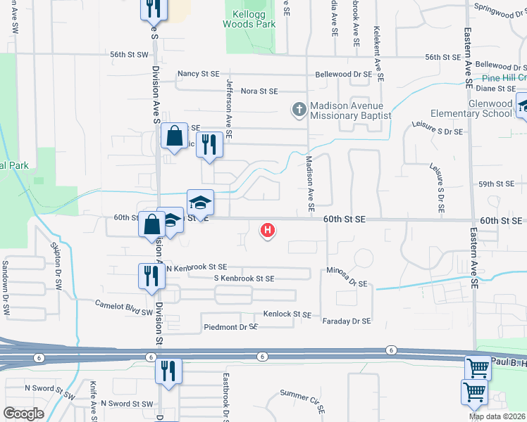 map of restaurants, bars, coffee shops, grocery stores, and more near 281 60th Street Southeast in Grand Rapids