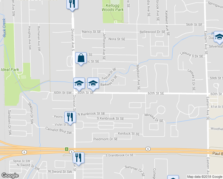 map of restaurants, bars, coffee shops, grocery stores, and more near 239 60th Street Southeast in Grand Rapids
