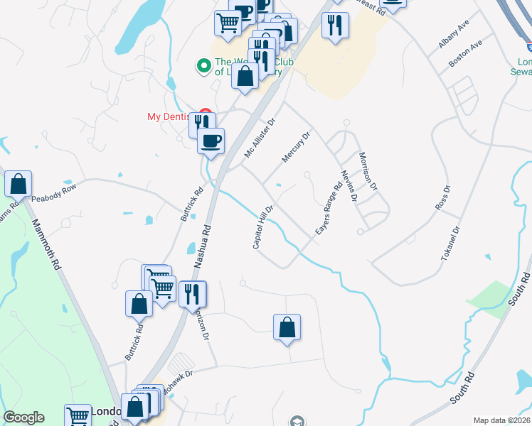 map of restaurants, bars, coffee shops, grocery stores, and more near 59D Constitution Drive in Londonderry