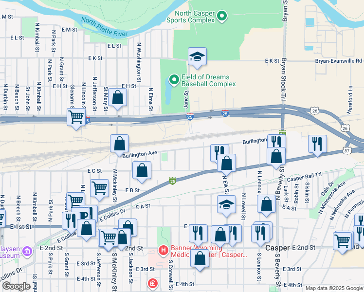 map of restaurants, bars, coffee shops, grocery stores, and more near 1410 Burlington Avenue in Casper
