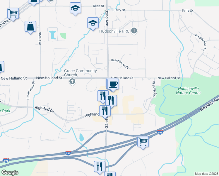 map of restaurants, bars, coffee shops, grocery stores, and more near 4675 32nd Avenue in Hudsonville