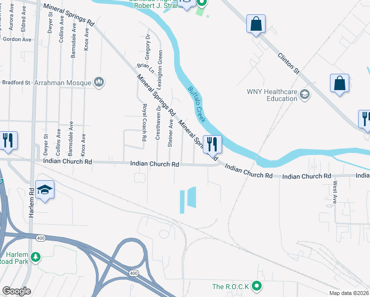 map of restaurants, bars, coffee shops, grocery stores, and more near 26 Bangel Avenue in West Seneca
