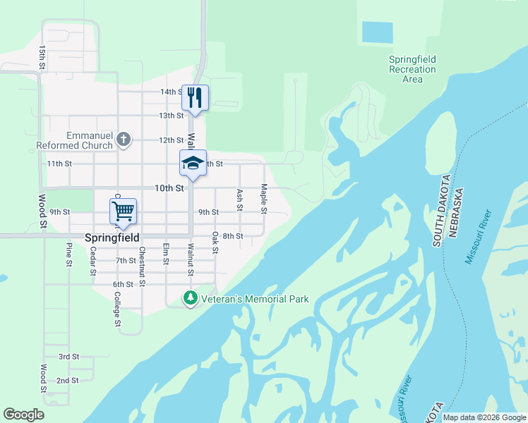 map of restaurants, bars, coffee shops, grocery stores, and more near 301 9th Street in Springfield