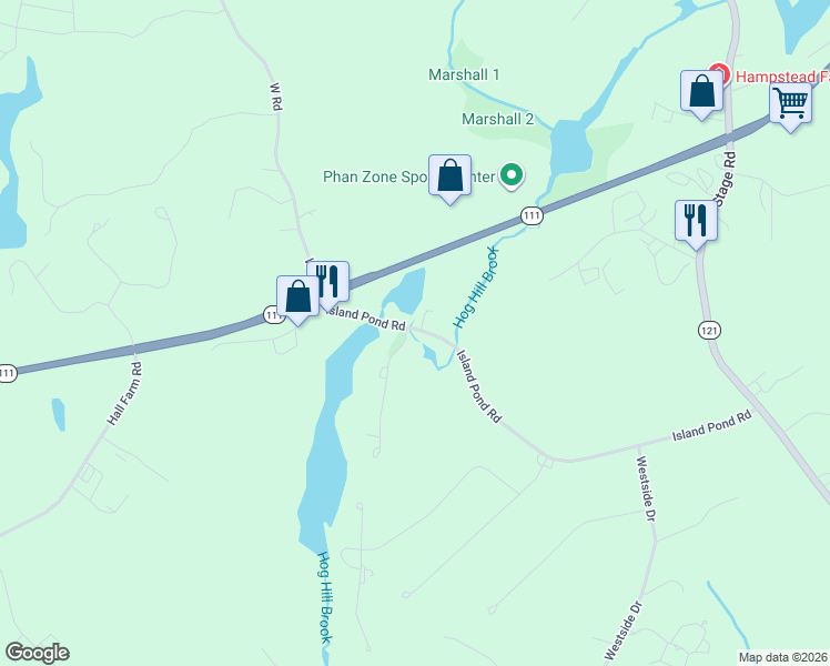 map of restaurants, bars, coffee shops, grocery stores, and more near 49 Island Pond Road in Atkinson