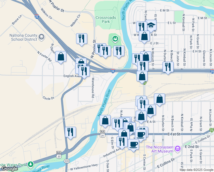 map of restaurants, bars, coffee shops, grocery stores, and more near 529 Westshore Road in Casper