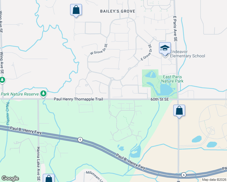 map of restaurants, bars, coffee shops, grocery stores, and more near 3631 Autumn Crest Lane Southeast in Grand Rapids