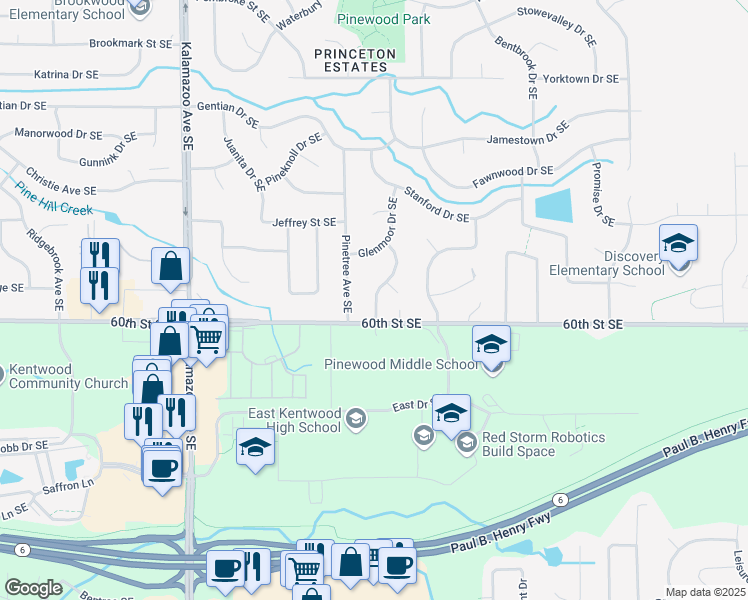 map of restaurants, bars, coffee shops, grocery stores, and more near 5971 Crestmoor Drive Southeast in Kentwood
