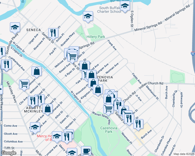 map of restaurants, bars, coffee shops, grocery stores, and more near 6 Norman Avenue in Buffalo
