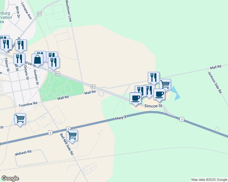 map of restaurants, bars, coffee shops, grocery stores, and more near 335 Norfolk 51 in Tillsonburg