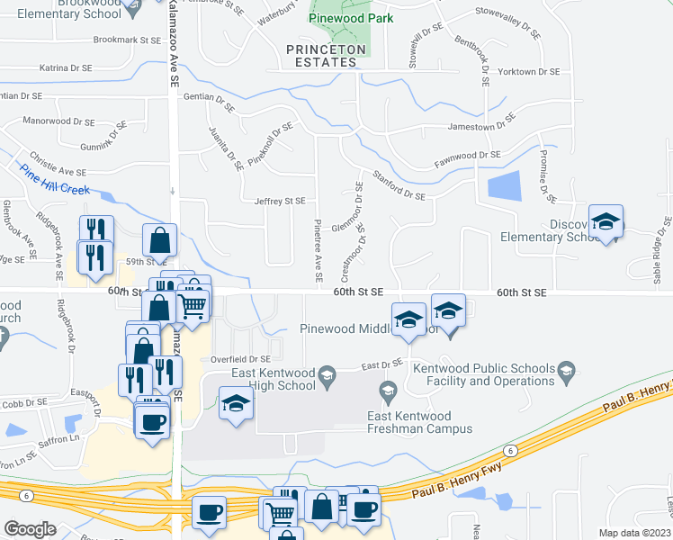 map of restaurants, bars, coffee shops, grocery stores, and more near 5969 Crestmoor Drive Southeast in Kentwood