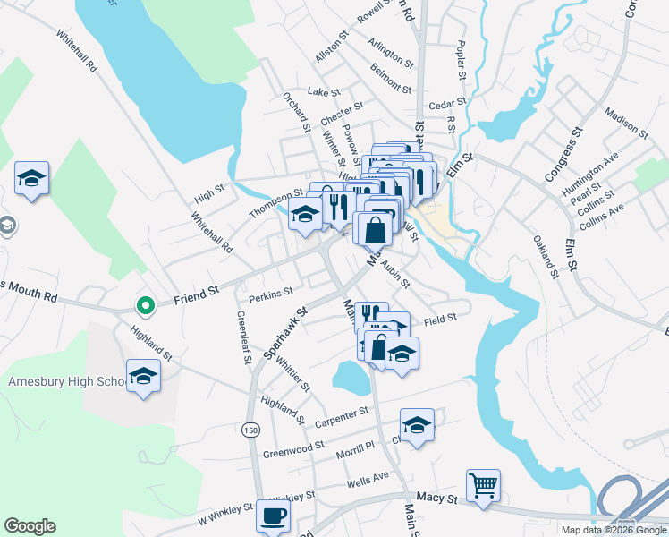 map of restaurants, bars, coffee shops, grocery stores, and more near 1 School Street in Amesbury