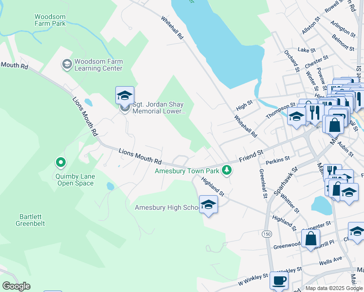 map of restaurants, bars, coffee shops, grocery stores, and more near 16 Lindberg Avenue in Amesbury