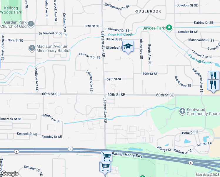 map of restaurants, bars, coffee shops, grocery stores, and more near 5980 Eastern Avenue Southeast in Kentwood