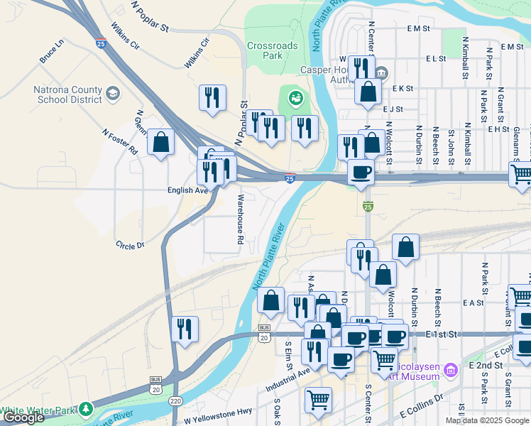 map of restaurants, bars, coffee shops, grocery stores, and more near 490 Westshore Road in Casper