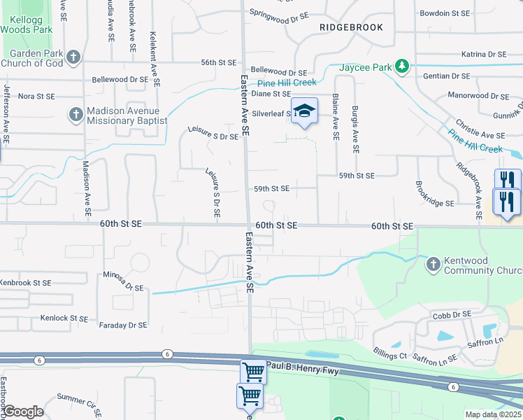 map of restaurants, bars, coffee shops, grocery stores, and more near 5980 Eastern Avenue Southeast in Kentwood