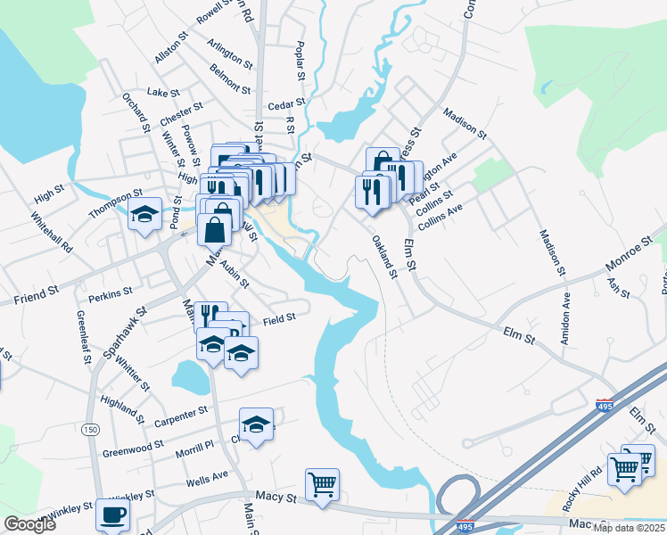 map of restaurants, bars, coffee shops, grocery stores, and more near Amesbury Riverwalk in Amesbury
