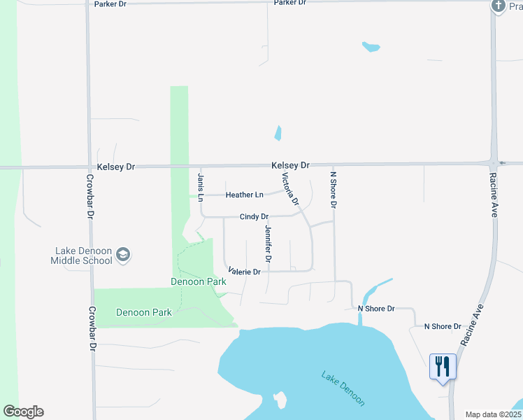 map of restaurants, bars, coffee shops, grocery stores, and more near S104W20699 Cindy Drive in Muskego