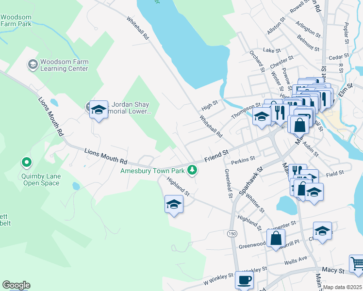 map of restaurants, bars, coffee shops, grocery stores, and more near 16 Maple Street in Amesbury