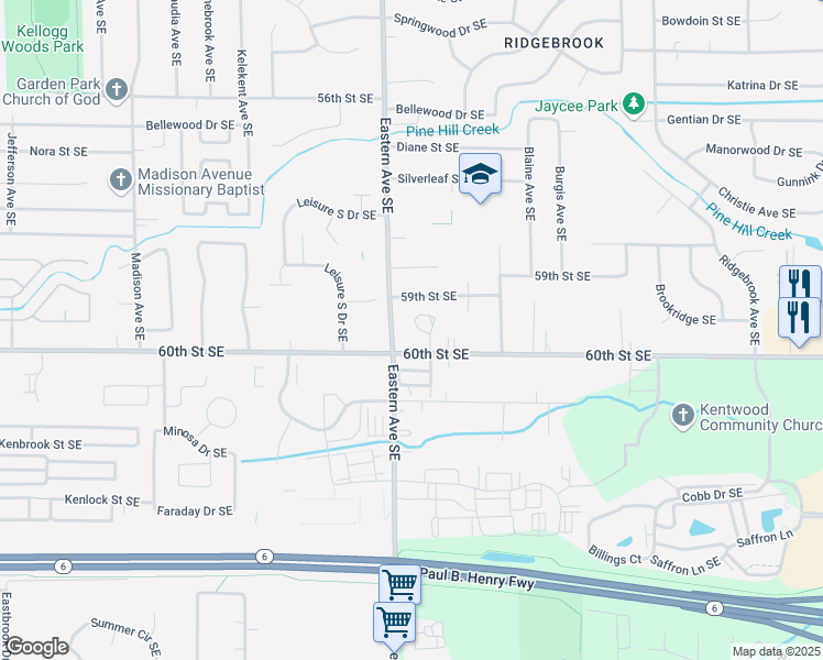map of restaurants, bars, coffee shops, grocery stores, and more near 5980 Eastern Avenue Southeast in Kentwood