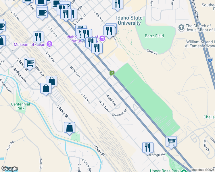 map of restaurants, bars, coffee shops, grocery stores, and more near 447 Lawton Street in Pocatello