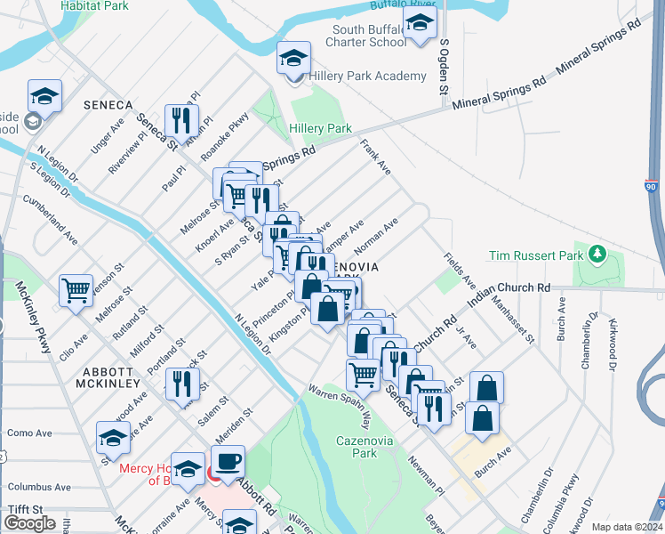 map of restaurants, bars, coffee shops, grocery stores, and more near 42 Zittel Street in Buffalo