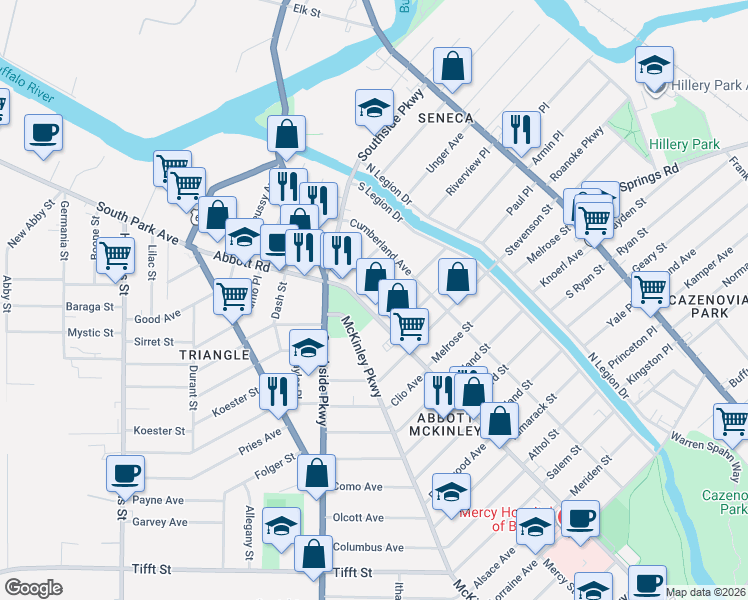 map of restaurants, bars, coffee shops, grocery stores, and more near 227 Abbott Road in Buffalo