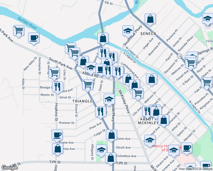 map of restaurants, bars, coffee shops, grocery stores, and more near 62 Remoleno Street in Buffalo