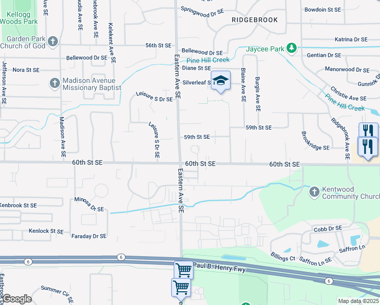 map of restaurants, bars, coffee shops, grocery stores, and more near 5980 Eastern Avenue Southeast in Kentwood