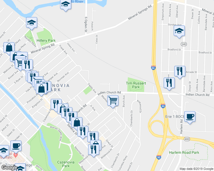 map of restaurants, bars, coffee shops, grocery stores, and more near 9 Forrestal Lane in Buffalo