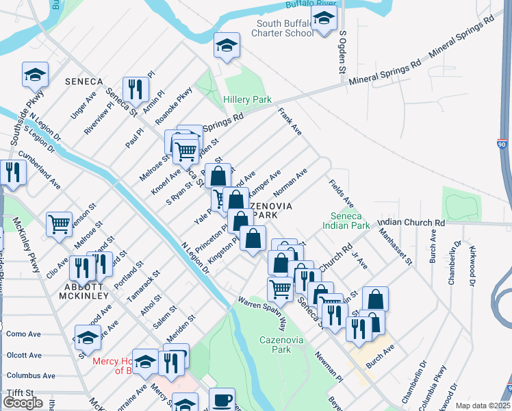 map of restaurants, bars, coffee shops, grocery stores, and more near 46 Norman Avenue in Buffalo