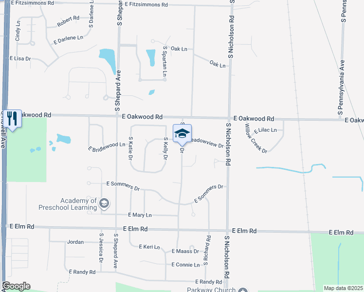 map of restaurants, bars, coffee shops, grocery stores, and more near 10420 South McGraw Drive in Oak Creek