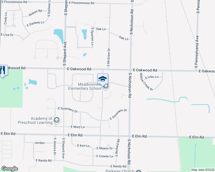 map of restaurants, bars, coffee shops, grocery stores, and more near 10420 South McGraw Drive in Oak Creek