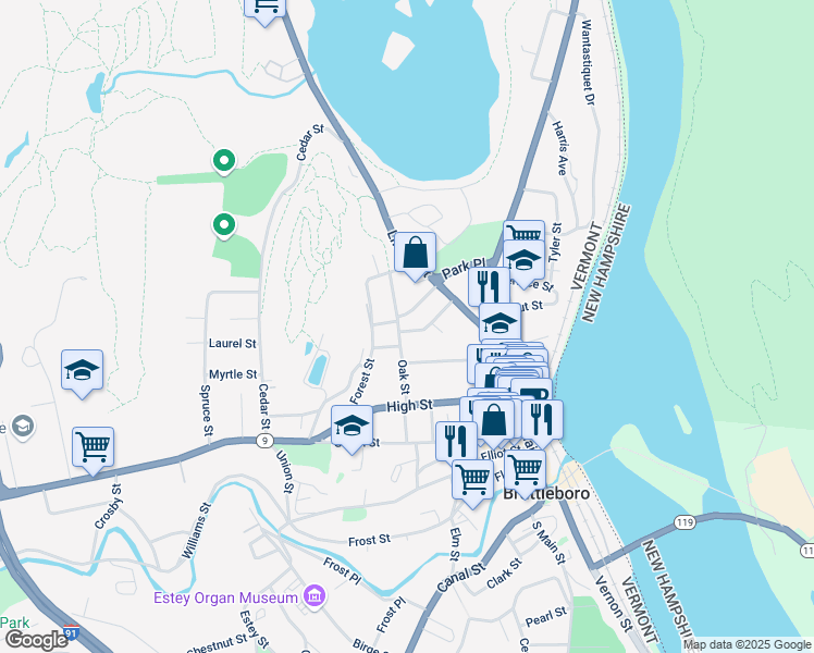 map of restaurants, bars, coffee shops, grocery stores, and more near 61 Oak Street in Brattleboro